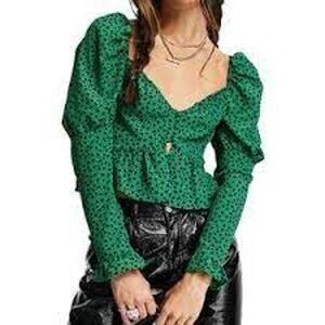 NWT Topshop Coquette Cropped Blouse Heart Print Milkmaid Green Ruffle Women 4